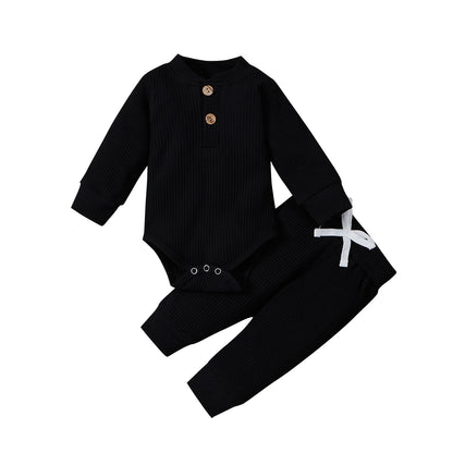 Infant Newborn Baby Girl Boy Spring Autumn Ribbed/Plaid Solid Clothes Sets Long Sleeve Bodysuits + Elastic Pants 2PCs Outfits