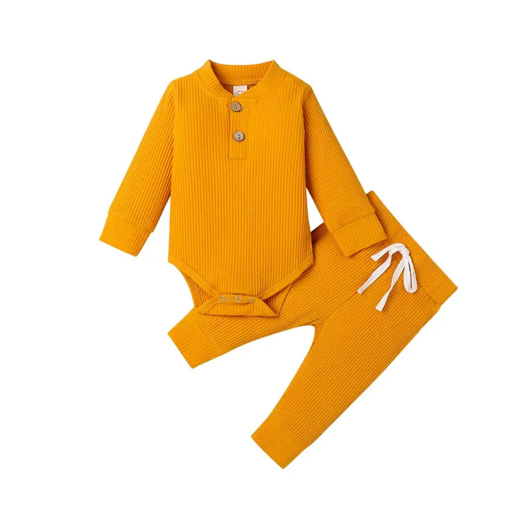 Infant Newborn Baby Girl Boy Spring Autumn Ribbed/Plaid Solid Clothes Sets Long Sleeve Bodysuits + Elastic Pants 2PCs Outfits