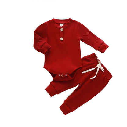 Infant Newborn Baby Girl Boy Spring Autumn Ribbed/Plaid Solid Clothes Sets Long Sleeve Bodysuits + Elastic Pants 2PCs Outfits