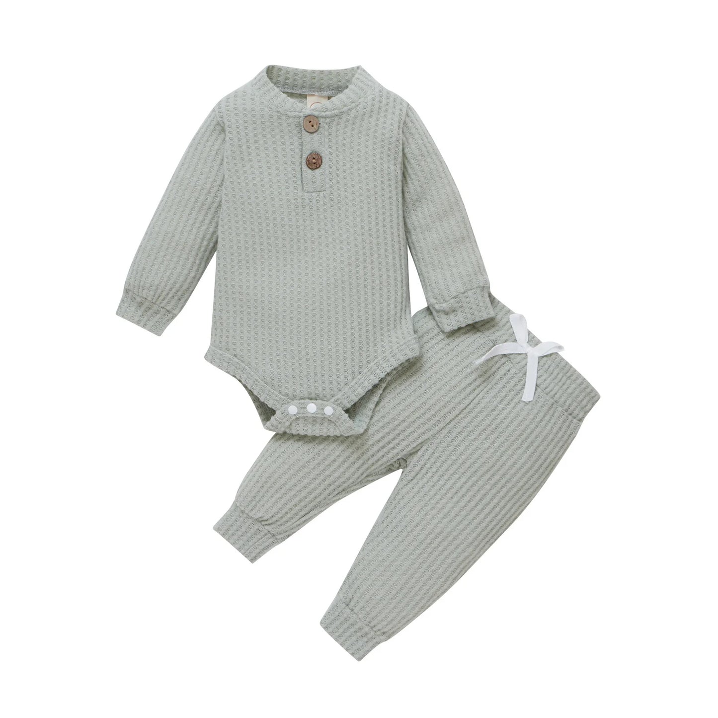 Infant Newborn Baby Girl Boy Spring Autumn Ribbed/Plaid Solid Clothes Sets Long Sleeve Bodysuits + Elastic Pants 2PCs Outfits