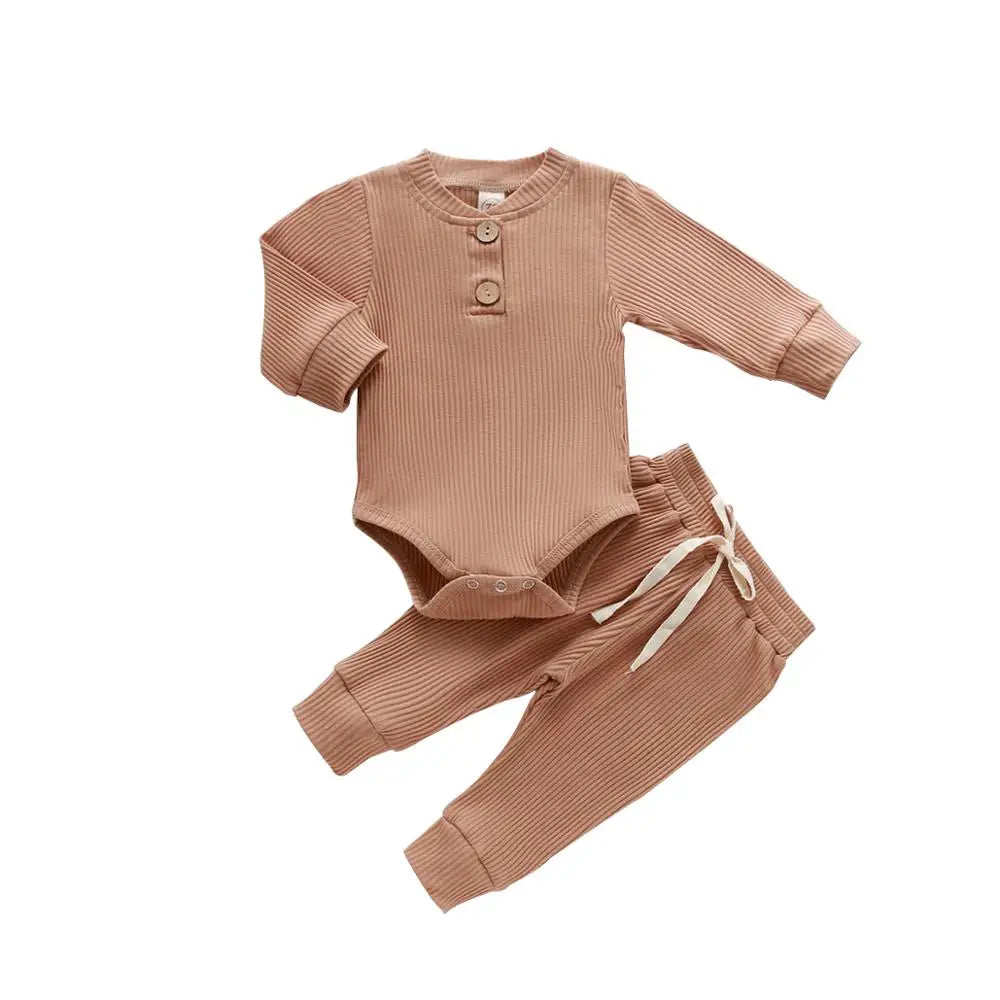 Infant Newborn Baby Girl Boy Spring Autumn Ribbed/Plaid Solid Clothes Sets Long Sleeve Bodysuits + Elastic Pants 2PCs Outfits