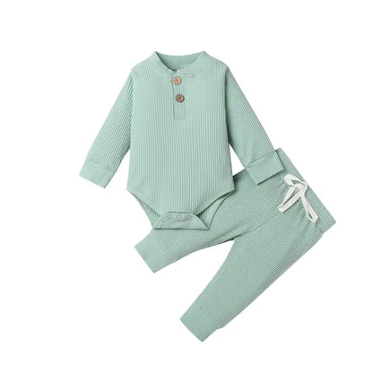 Infant Newborn Baby Girl Boy Spring Autumn Ribbed/Plaid Solid Clothes Sets Long Sleeve Bodysuits + Elastic Pants 2PCs Outfits