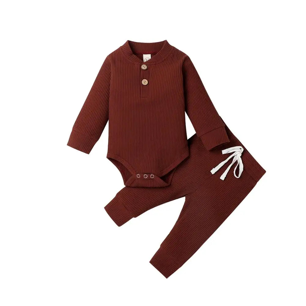Infant Newborn Baby Girl Boy Spring Autumn Ribbed/Plaid Solid Clothes Sets Long Sleeve Bodysuits + Elastic Pants 2PCs Outfits