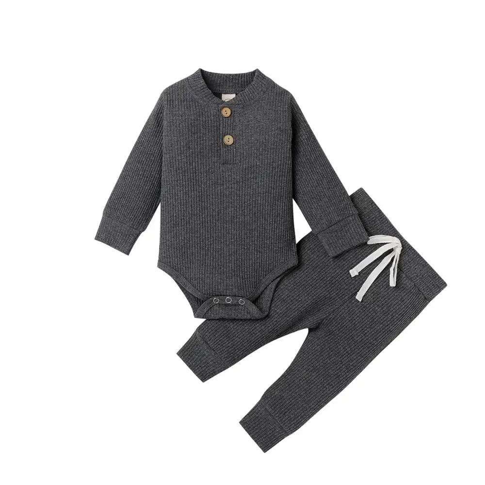Infant Newborn Baby Girl Boy Spring Autumn Ribbed/Plaid Solid Clothes Sets Long Sleeve Bodysuits + Elastic Pants 2PCs Outfits