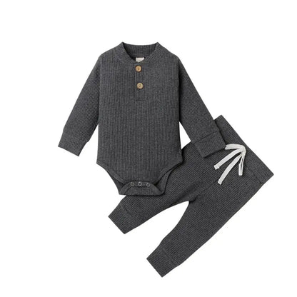 Infant Newborn Baby Girl Boy Spring Autumn Ribbed/Plaid Solid Clothes Sets Long Sleeve Bodysuits + Elastic Pants 2PCs Outfits