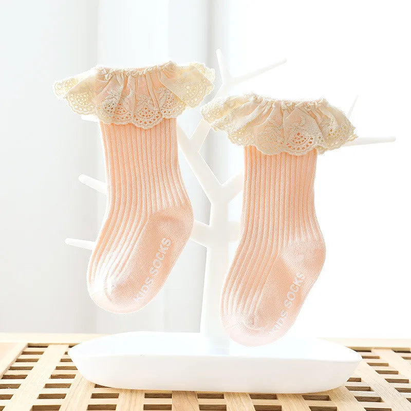 Lawadka Newborn Baby Girl Socks Lace Baby Knee Socks Anti Slip Cotton Socks for Girls Princess Long Autumn Winter Stockings 0-3T