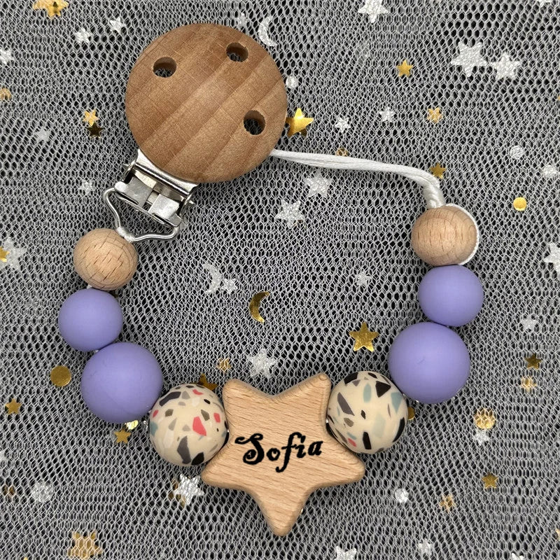1Pc Personalized Name Custom Wooden Baby Pacifier Chain Clip Silicone Bead Dummy Nipple Holder Baby Teether Pendant Newborn Gift