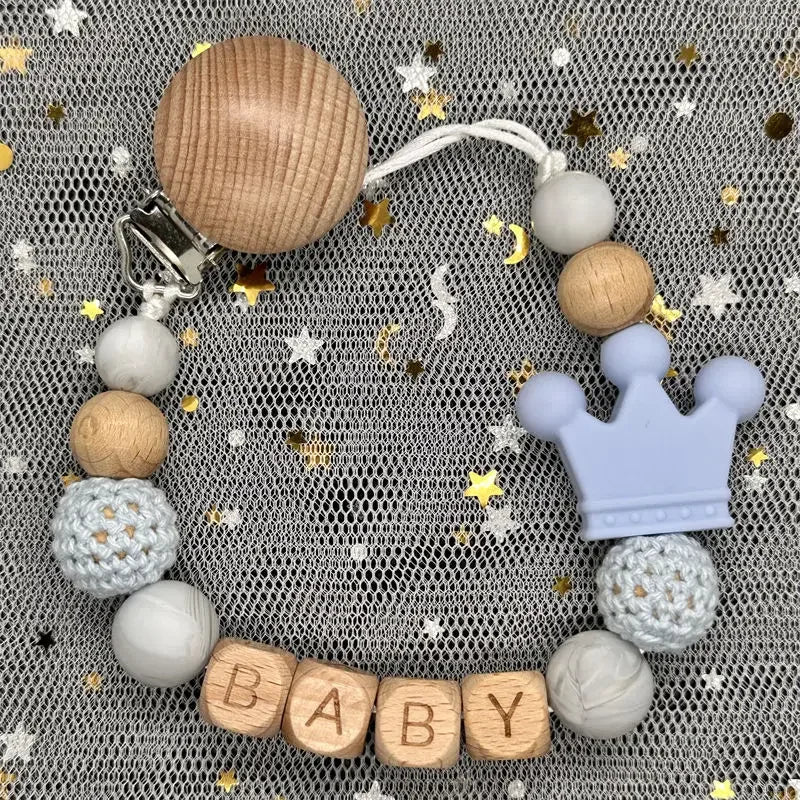 Custom Name Silicone Beads Wooden Ring Pacifier Clips Safe Teething Chains Baby Teether Eco-friendly Dummy Beech Clips Holder