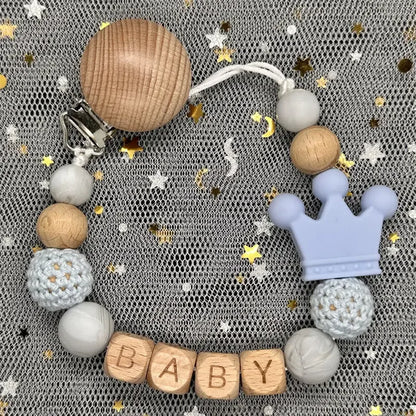 Custom Name Silicone Beads Wooden Ring Pacifier Clips Safe Teething Chains Baby Teether Eco-friendly Dummy Beech Clips Holder
