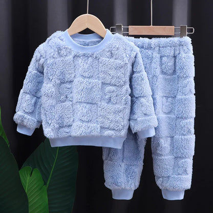 New Autumn and Winter Flange Pajamas Suits Children's Long Sleeve Top+Trousers Sets Plus Velvet Thick Home Wear 1-6 Years Old