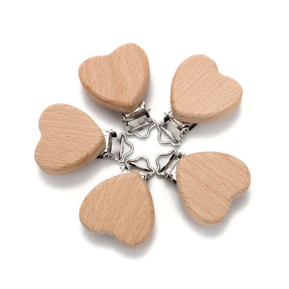 5pcs Woode Pacifier Baby Beech Wooden Animal Pacifier Metal Clips Holder Heart Pacifier Chain Teether Accessories