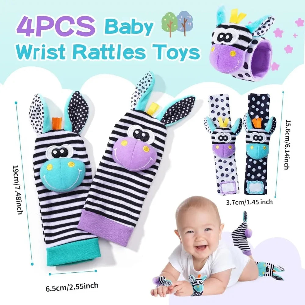 4Pcs Baby Rattles Toys Animal Socks Wrist Strap +Rattle Baby Foot Socks Bug Wrist Strap Toddler Socks Pacifier Toys  0-12 Months