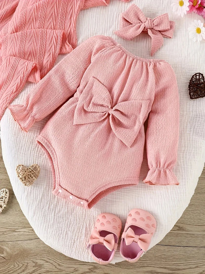 2pieces-Baby Baby Spring and Autumn Cute Fashion Sweet Foreign Style Bow Pink Long Sleeve Onesie + Kerchief Baby Two-piece Set