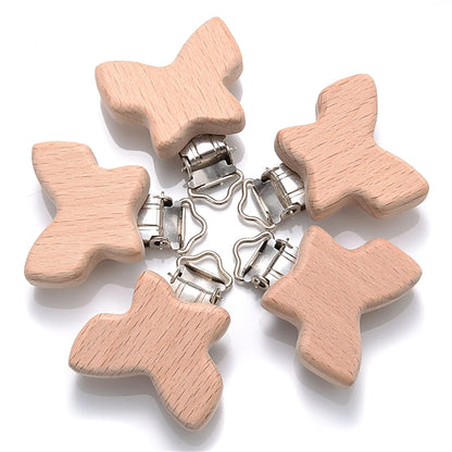 5pcs Woode Pacifier Baby Beech Wooden Animal Pacifier Metal Clips Holder Heart Pacifier Chain Teether Accessories