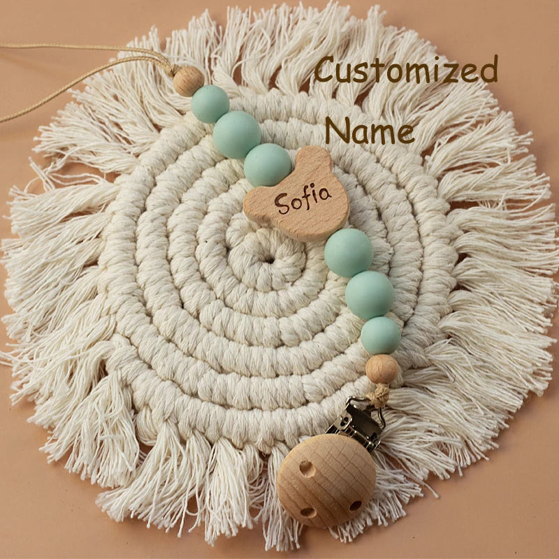 Custom Name Wooden Personalized Baby Pacifier Chain Silicone Bead Dummy Nipple Holder Guard Teether Pendant  Newborn Gift Stuff