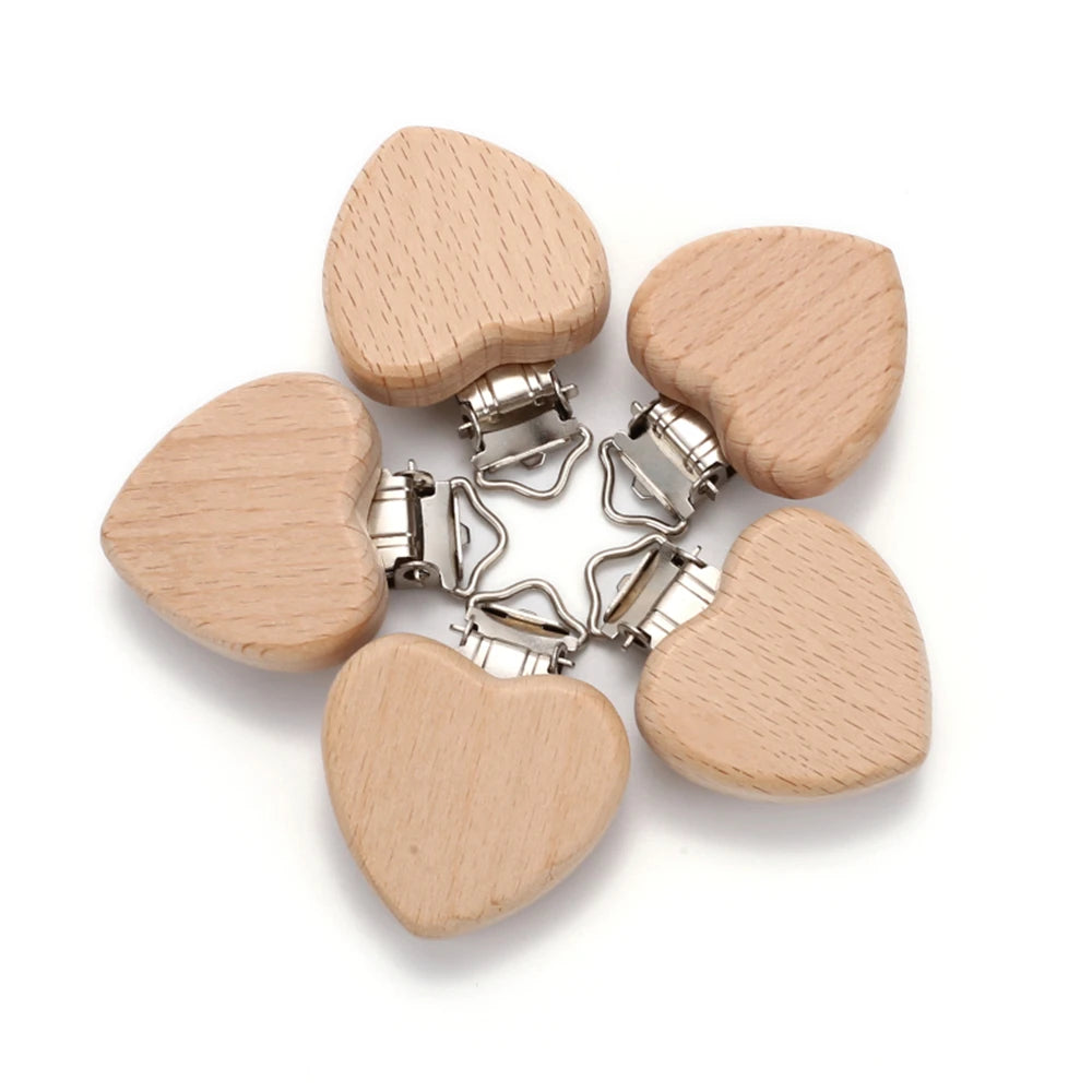 5pcs Woode Pacifier Baby Beech Wooden Animal Pacifier Metal Clips Holder Heart Pacifier Chain Teether Accessories