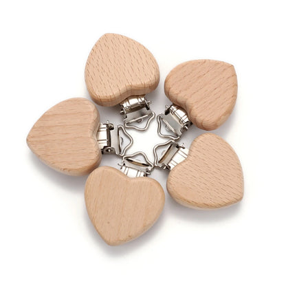 5pcs Woode Pacifier Baby Beech Wooden Animal Pacifier Metal Clips Holder Heart Pacifier Chain Teether Accessories
