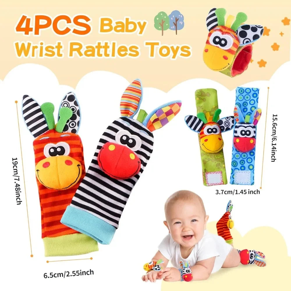 4Pcs Baby Rattles Toys Animal Socks Wrist Strap +Rattle Baby Foot Socks Bug Wrist Strap Toddler Socks Pacifier Toys  0-12 Months