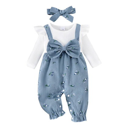 Citgeett Autumn Infant Baby Girls Long Sleeve Romper Floral Print Patchwork Bow Jumpsuits Cute Headband Clothes Set