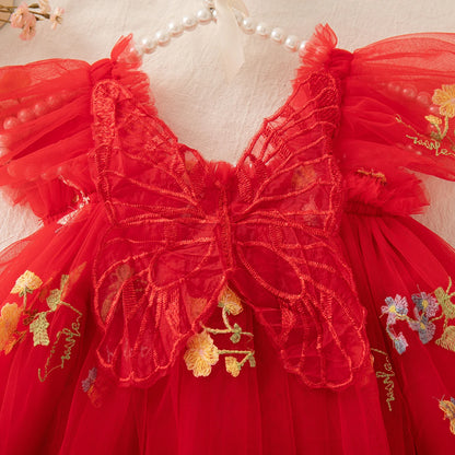 Summer New Floral Embroidery Chiffon Baby Girl Princess Dress, Cute Butterfly Wing Children'S Clothing (9 Months - 4 Years Old)