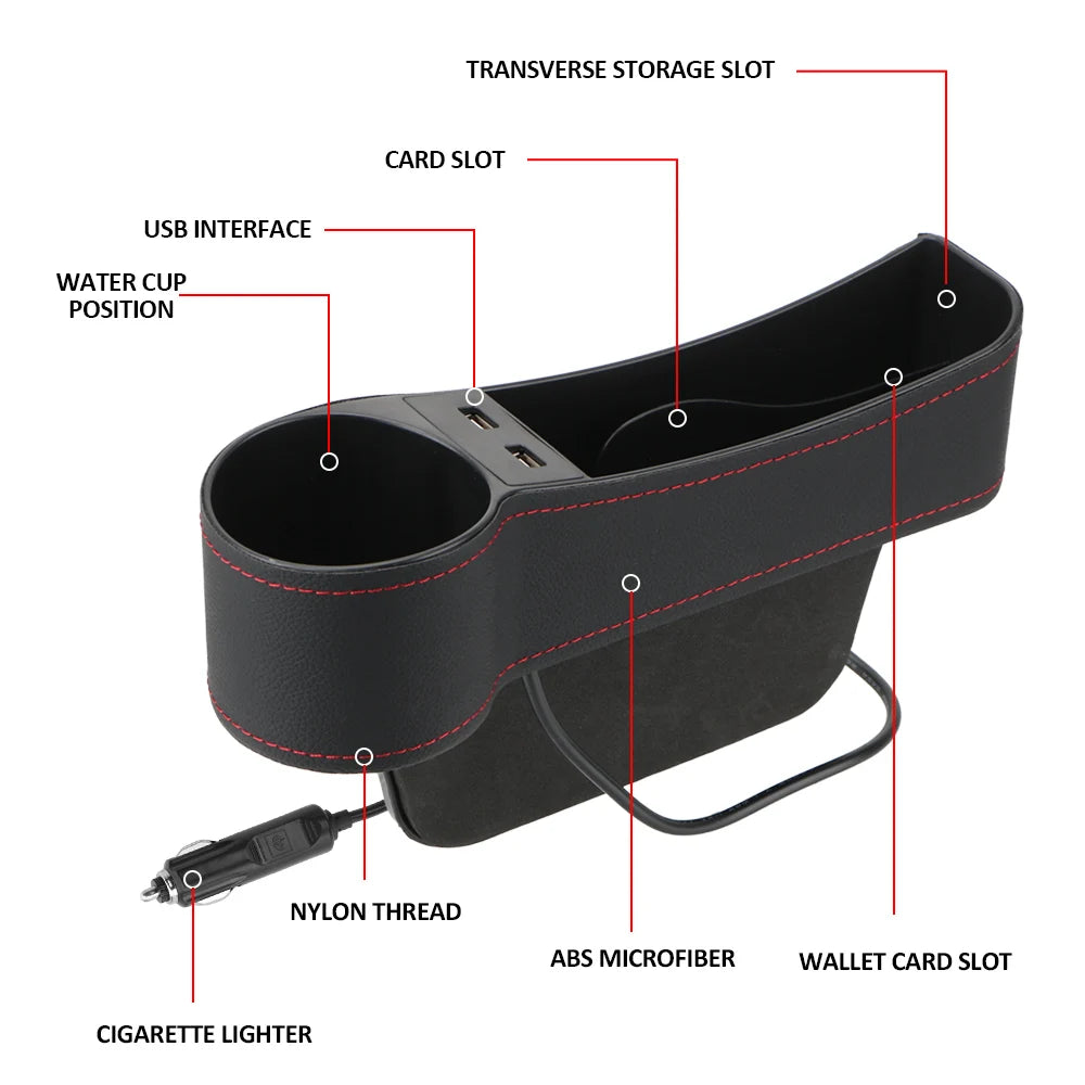 Dual USB Charger Seat Gap Slit Box Leather Car Seat Gap Storage Box Car Organizer Phone Bottle Cups Holder Box Car Accessories