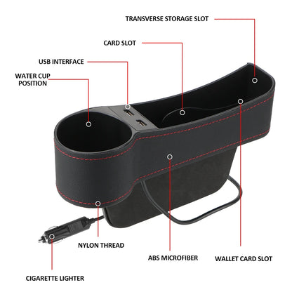 Dual USB Charger Seat Gap Slit Box Leather Car Seat Gap Storage Box Car Organizer Phone Bottle Cups Holder Box Car Accessories