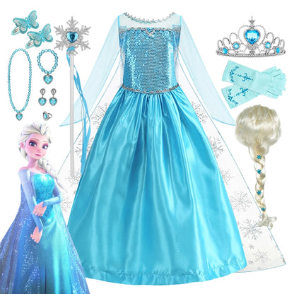 2026 Vestidos Snow Queen Princess Dress Girls Costume Halloween Kids Role-play Carnival Children Birthday Party Dress