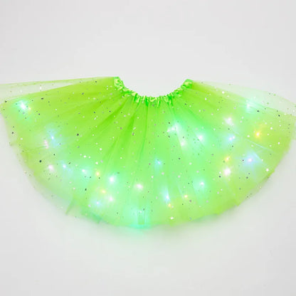 Luminous LED Fluffy Skirt Girls Layered Ballet Dance Pleated Skirt Tulle Light Up Short Dress for Birthday Party Wearing Costume