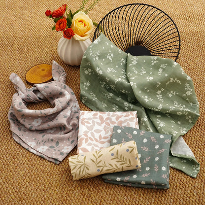 Elinfant 5pcs Gift Set Bamboo Cotton Muslin Bib Burp Cloth 100% Cotton 60*60cm 2 Layers Baby Scarf Handkerchief