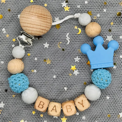 Custom Name Silicone Beads Wooden Ring Pacifier Clips Safe Teething Chains Baby Teether Eco-friendly Dummy Beech Clips Holder