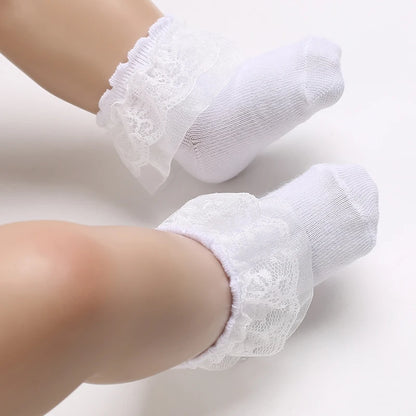 4 Pairs of Cute Lace Cotton Baby Socks 0-1 Years Old Boys and Girls Short Socks Newborn White Baptism