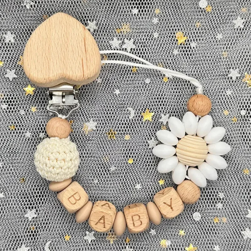 Custom Name Silicone Beads Wooden Ring Pacifier Clips Safe Teething Chains Baby Teether Eco-friendly Dummy Beech Clips Holder