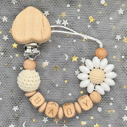 Custom Name Silicone Beads Wooden Ring Pacifier Clips Safe Teething Chains Baby Teether Eco-friendly Dummy Beech Clips Holder