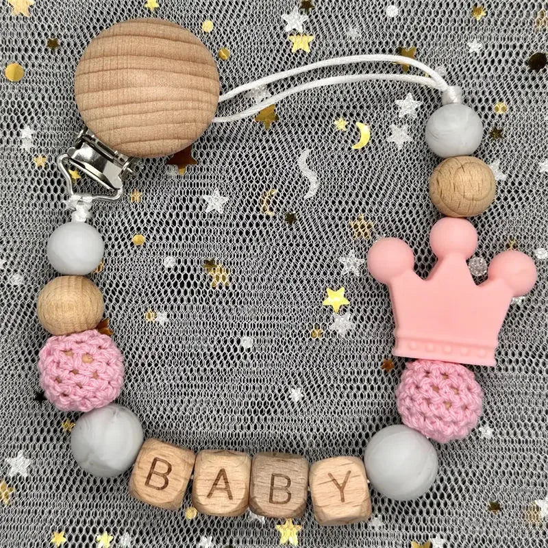 Custom Name Silicone Beads Wooden Ring Pacifier Clips Safe Teething Chains Baby Teether Eco-friendly Dummy Beech Clips Holder