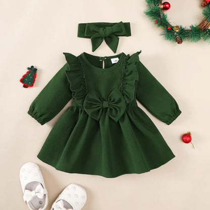 Baby girl Autumn Dress Ruffled Edges and Bow, Long sleeved Dress+Headband for 0-18 Months Cute Baby girl Holiday Party Costume