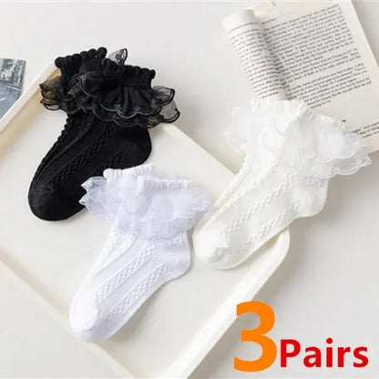 3 Pairs/Lot Summer Girls Socks Baby Kids Ruffle Sock Cute Children Frilly White Black Lace Cotton Socks For 1-10Years