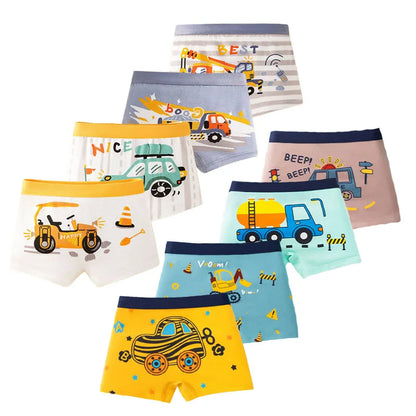 4/8Pcs High Quality Cotton Boy Boxer Brief Cool Excavator Pattern Kids Boxers Breathable Children Underwear Soft Bottom Panty
