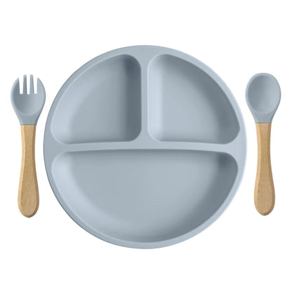 3PCS Silicone Children Tableware Baby Feeding Set Silicone Dinner Plate Wood Handle Spoon Fork BPA Free Baby Training Tableware