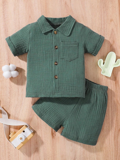 2-Piece Summer Solid Color Casual Shirt for Boys and Girls Fresh and Comfortable Cotton Shorts Set