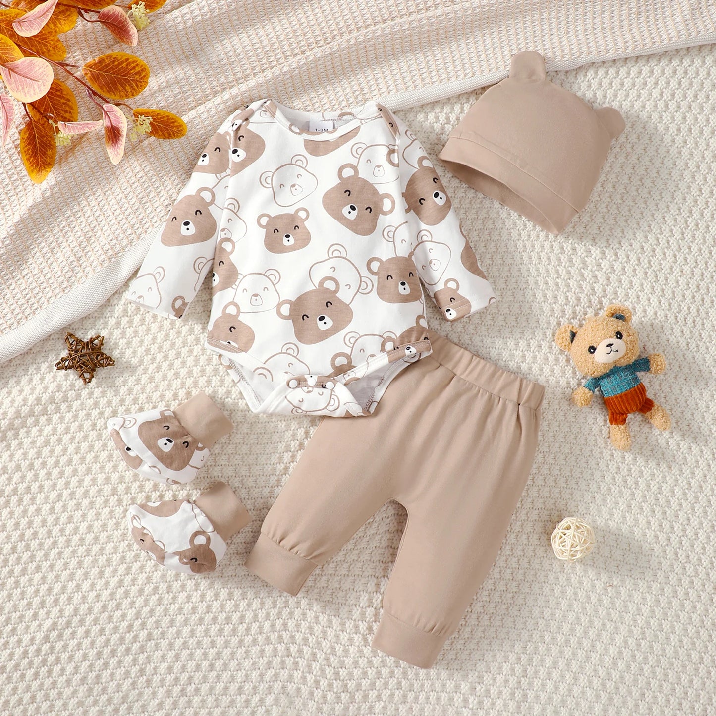 0-9 Months Baby Boy Set Little Bear Long Sleeve Bodysuit+Pants+Hat+Socks 4pcs/Set Baby Spring Autumn clothing Newborn