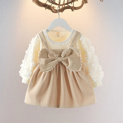 (0-2 years old) Newborn New Winter Baby Girls Dress Halter Bow Long Sleeve Lace Sweet Princess Dress Lace Pleated A-line Dress