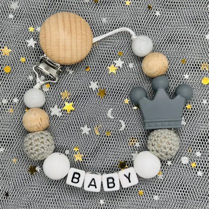 NEW Custom Personalized Name Pacifier Clip Handmade Beech Wooden Chain Silicone Crown Holder Soother Baby Teething Toy Chew Gift
