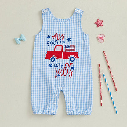 Citgeett Summer Independence Day Infant Baby Boys Girls Overall Sleeveless Plaid Letters Truck Printed 4th of July Clothes