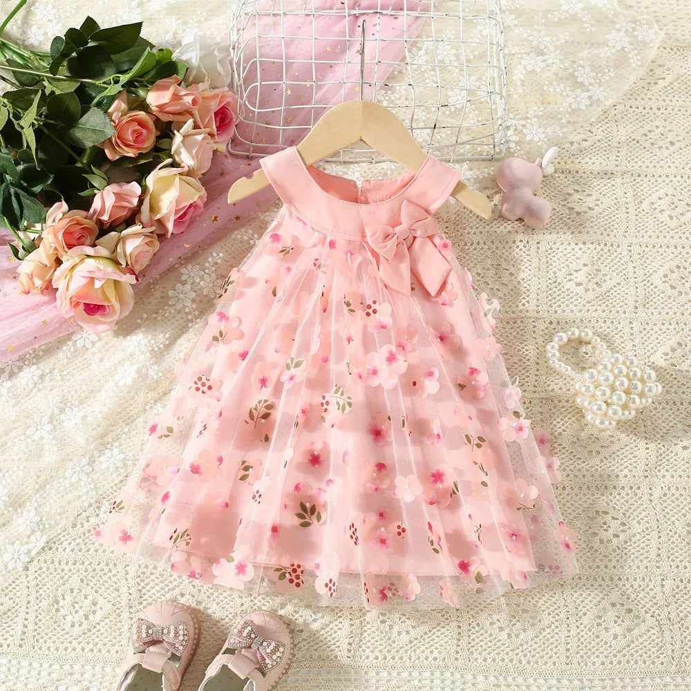 (0-3 Years) New Summer Girls Dress Halter Floral Floral Mesh Bow Round Neck Sweet Princess Dress Birthday Party Party Dress