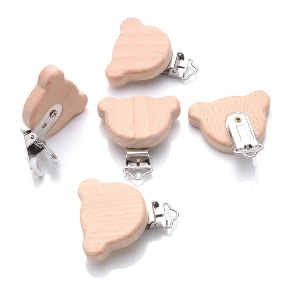 5pcs Woode Pacifier Baby Beech Wooden Animal Pacifier Metal Clips Holder Heart Pacifier Chain Teether Accessories