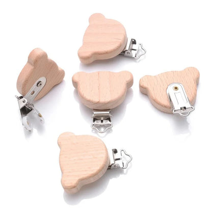 5pcs Woode Pacifier Baby Beech Wooden Animal Pacifier Metal Clips Holder Heart Pacifier Chain Teether Accessories