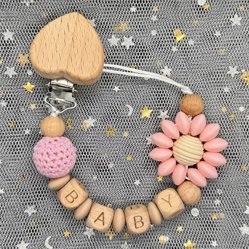 Custom Name Silicone Beads Wooden Ring Pacifier Clips Safe Teething Chains Baby Teether Eco-friendly Dummy Beech Clips Holder
