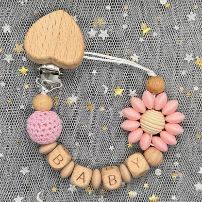 Custom Name Silicone Beads Wooden Ring Pacifier Clips Safe Teething Chains Baby Teether Eco-friendly Dummy Beech Clips Holder