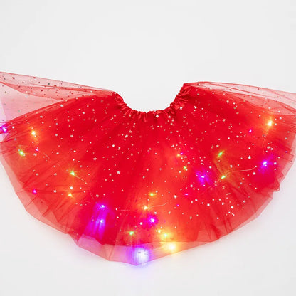 Luminous LED Fluffy Skirt Girls Layered Ballet Dance Pleated Skirt Tulle Light Up Short Dress for Birthday Party Wearing Costume