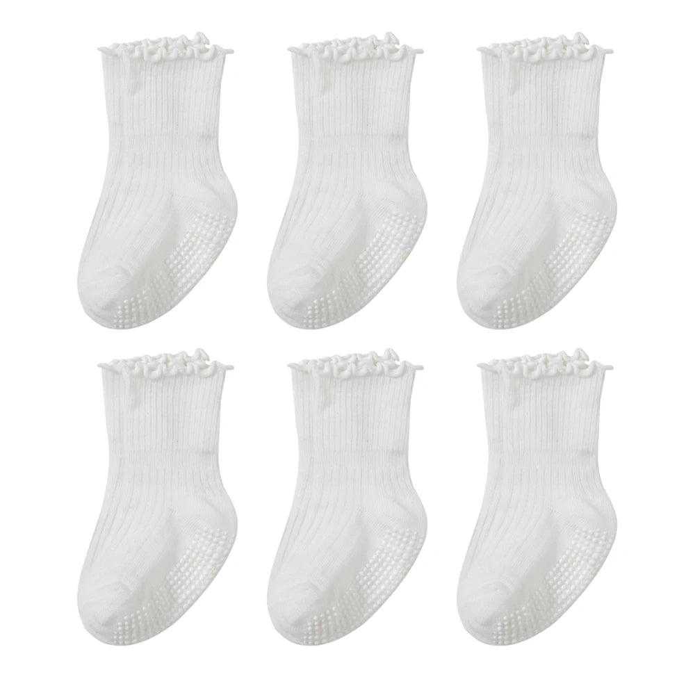 6 pairs  girls' toddler cotton socks with lace - baby anti-slip dot gel socks, cute walking socks with non-slip ruffles design